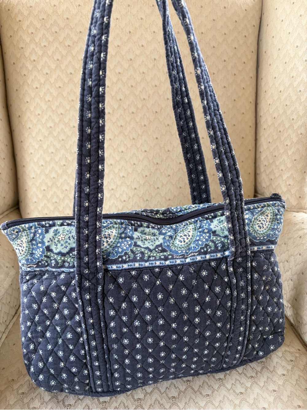 Vintage quilted Vera Bradley shoulder tote in the retired Seaport Navy pattern